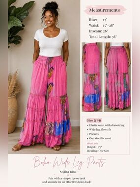100% Silk Boho Pink Tiered Pants